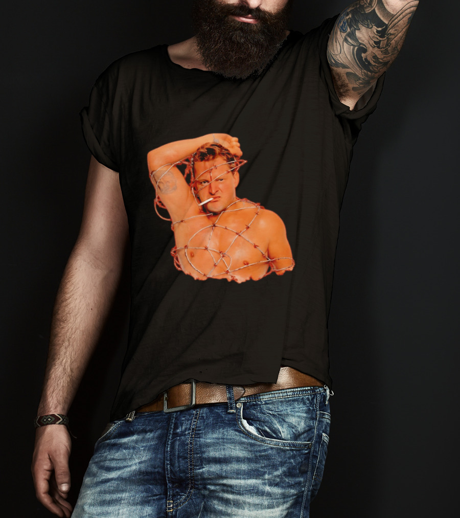 Sandman Barbed Wire Screenprinted Wrapping Wrestler With Cigarette T-Shirt