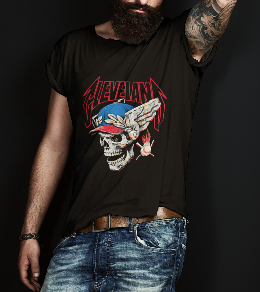 Cleveland Skull Flames Winged Helmet Baseball Bat And Ball T-Shirt