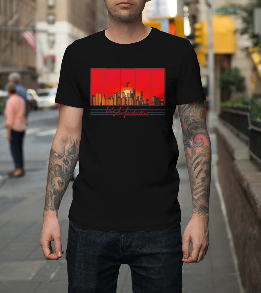 Visit Manhattan Skyline Sunlit Silhouette Red Sunset T-Shirt