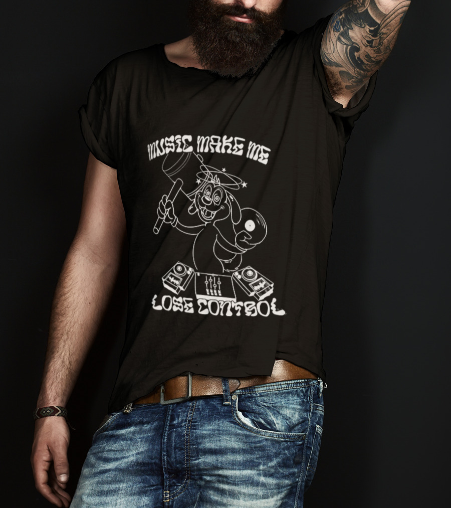 Music Make Me Lose Control Cartoon DJ Rabbit With Vinyl And Keyboard T-Shirt