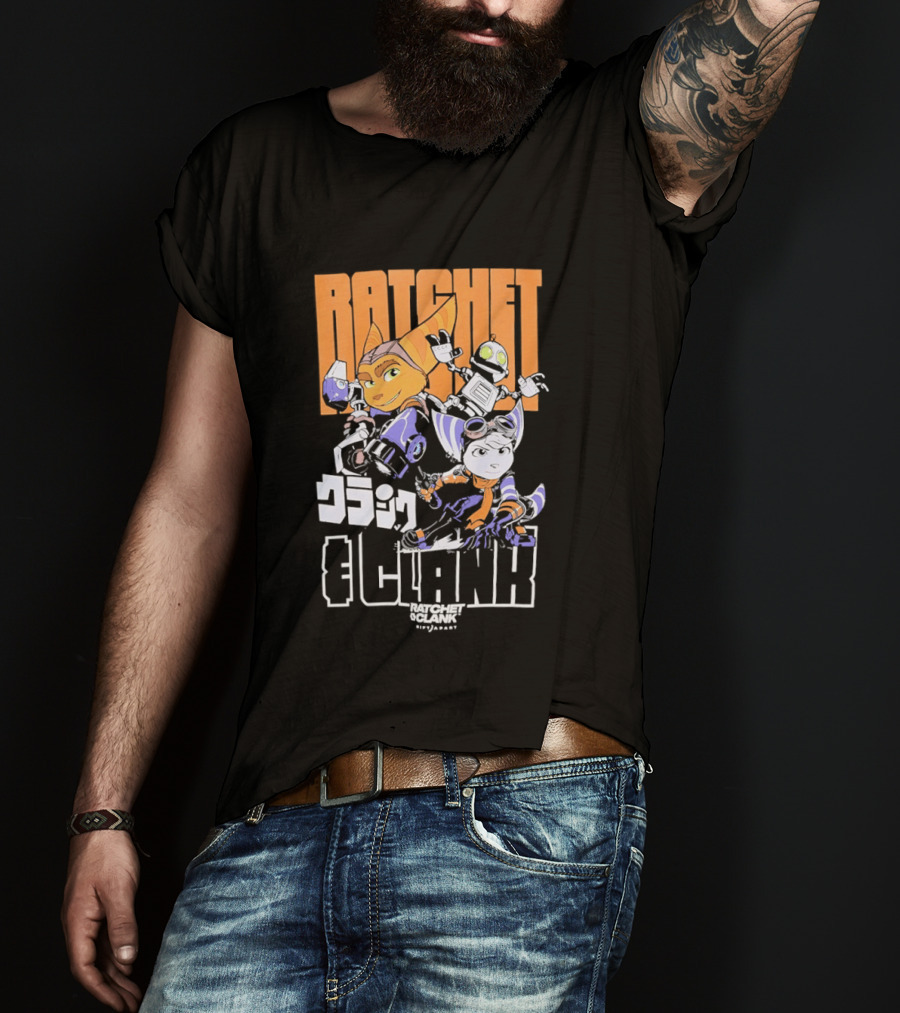 Ratchet And Clank Characters Orange And White Illustration With Japanese T-Shirt