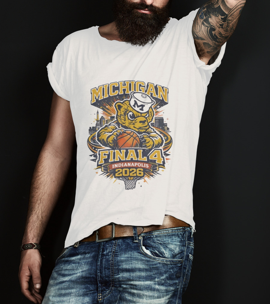 Michigan Wolverines Final Four 2026 Indianapolis Skyline Basketball Bear T-Shirt
