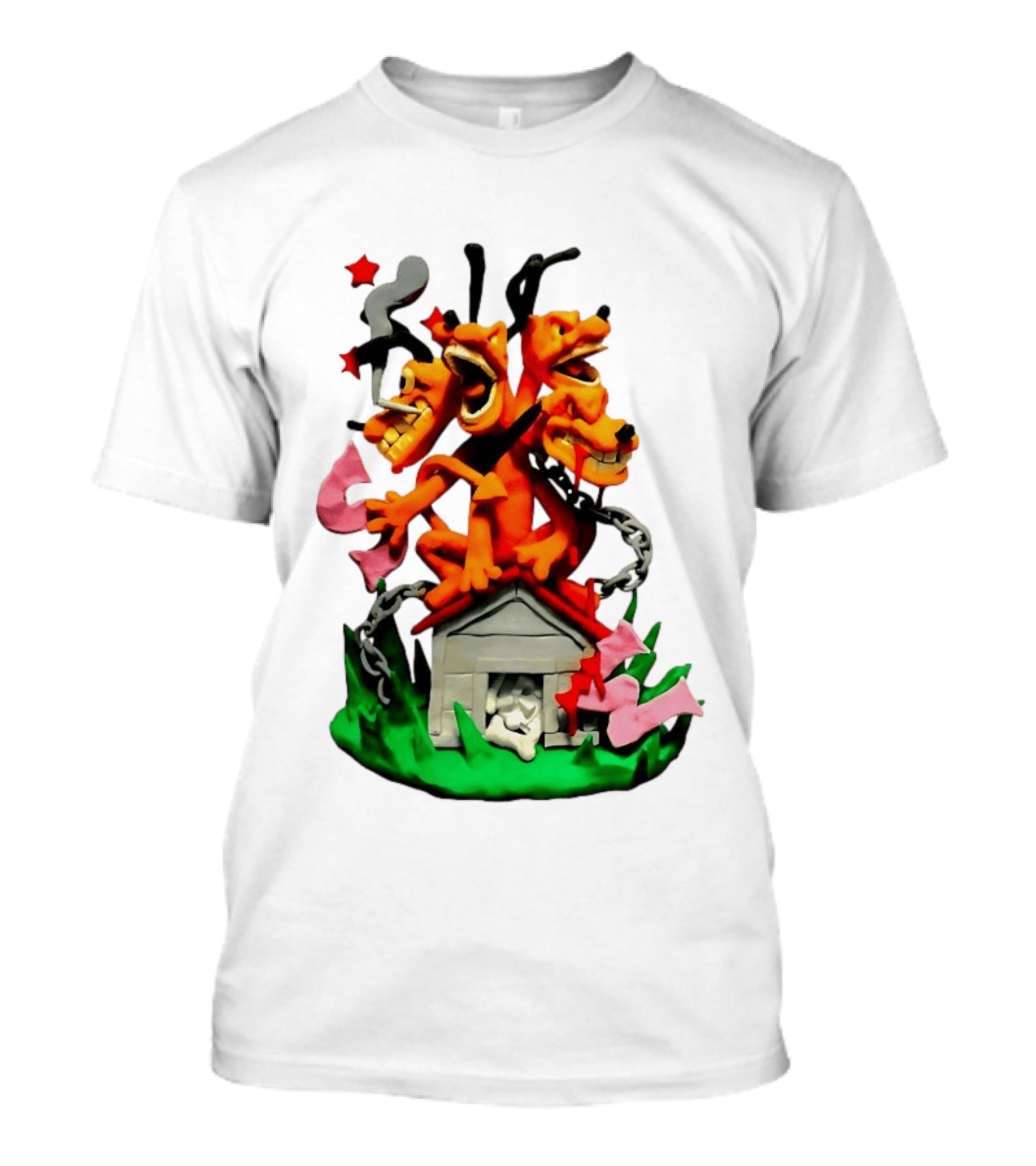 Three Head Monster Dog Cerberus Cartoon Chain House Statue T-Shirt