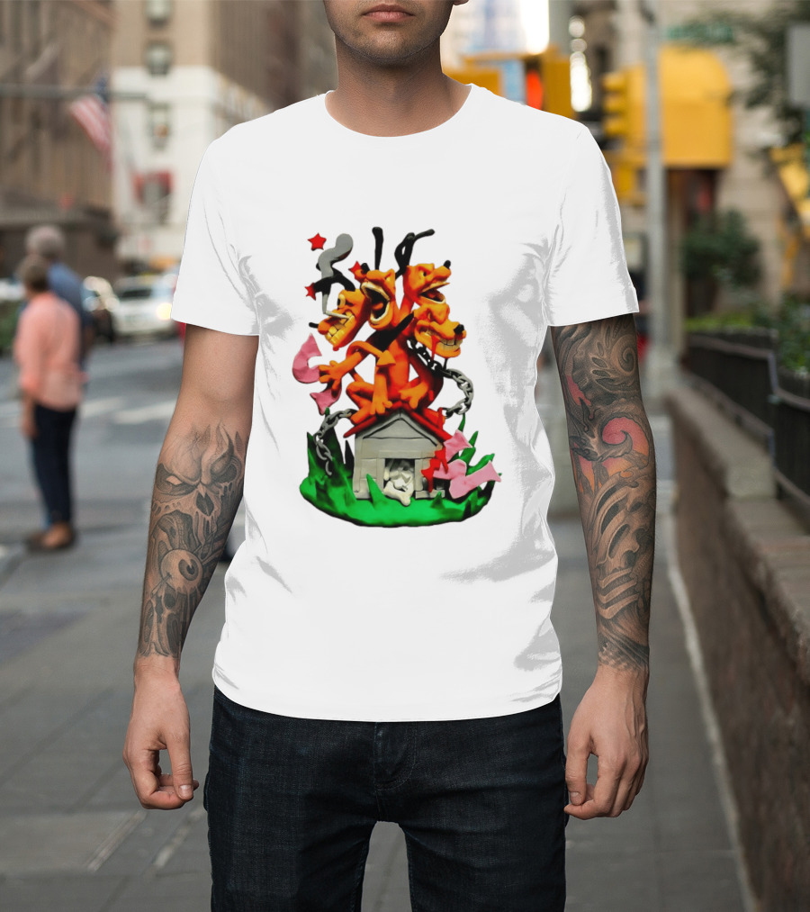 Three Head Monster Dog Cerberus Cartoon Chain House Statue T-Shirt