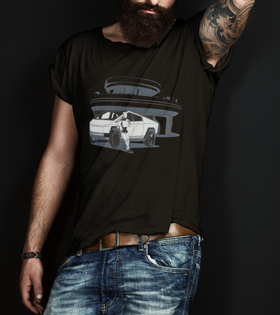 Tesla Cybertruck And Robot At Space Age Coffee Counter T-Shirt