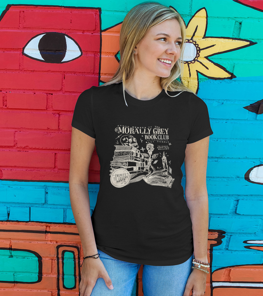 Morally Grey Book Club Skull Candle Rose Stacked Books Open Pages Stars T-Shirt