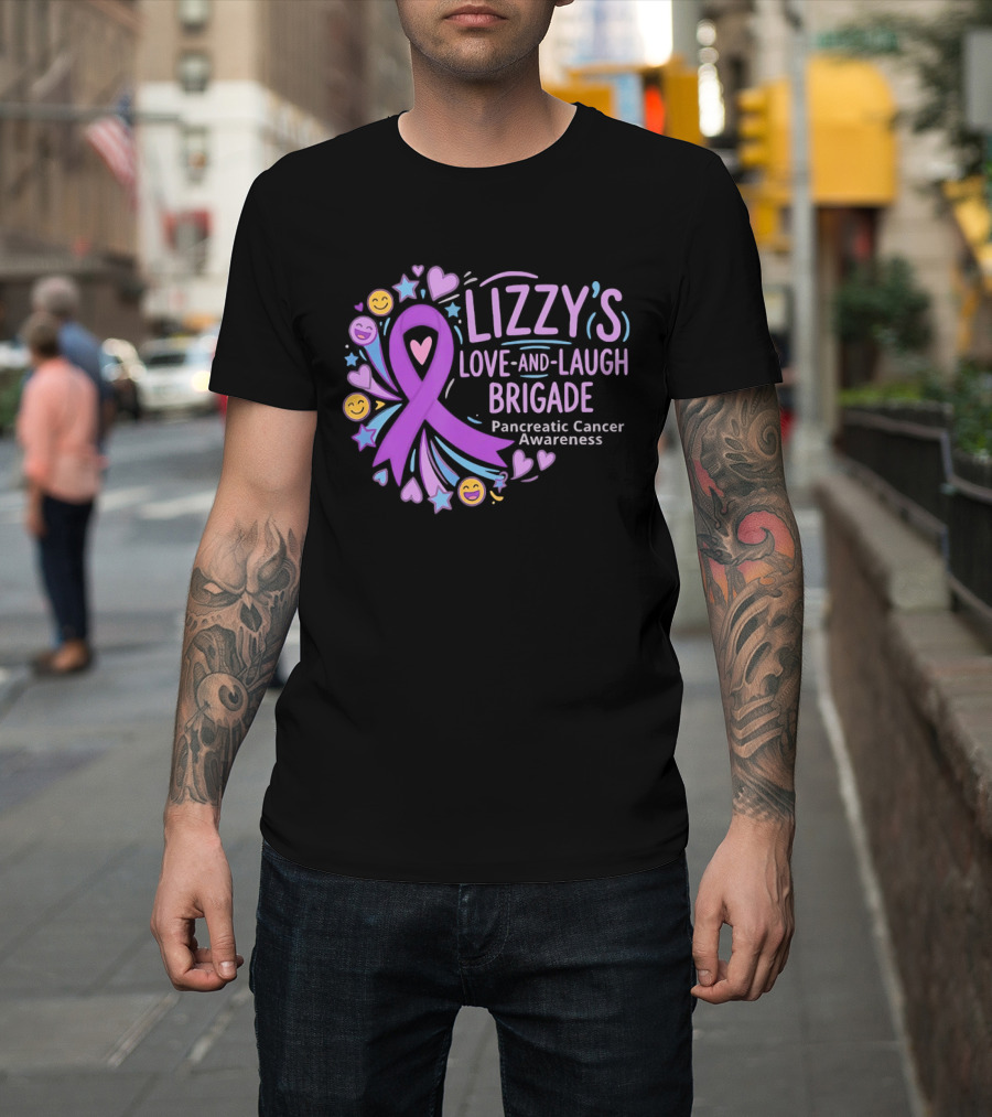 Lizzy's Love And Laugh Brigade Pancreatic Cancer Awareness Purple Ribbon Hearts And Smiles T-Shirt