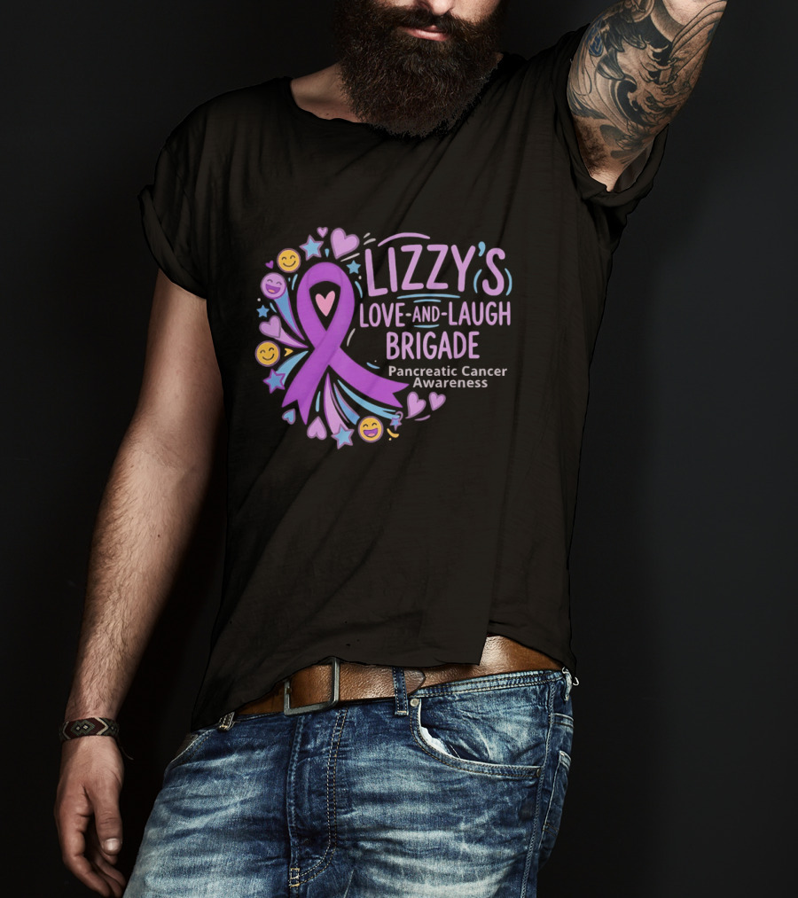 Lizzy's Love And Laugh Brigade Pancreatic Cancer Awareness Purple Ribbon Hearts And Smiles T-Shirt