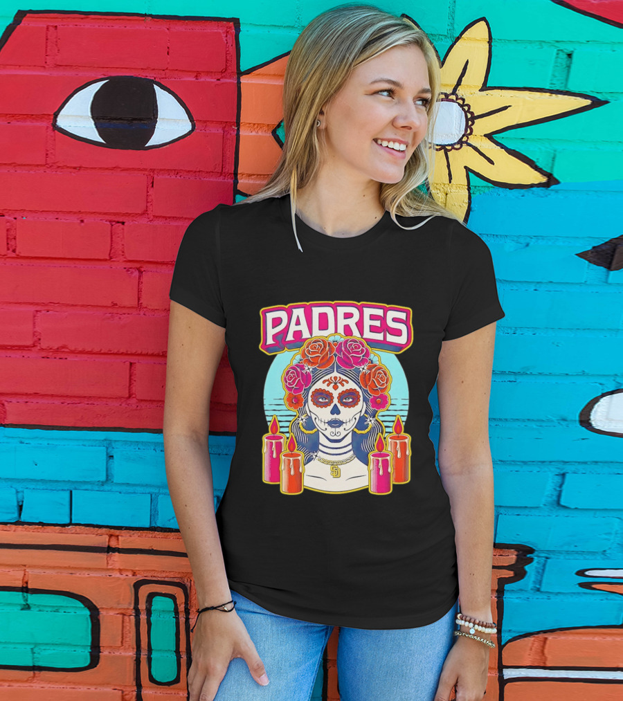 San Diego Padres La Catrina Dia De Los Muertos Candles And Flowers T-Shirt