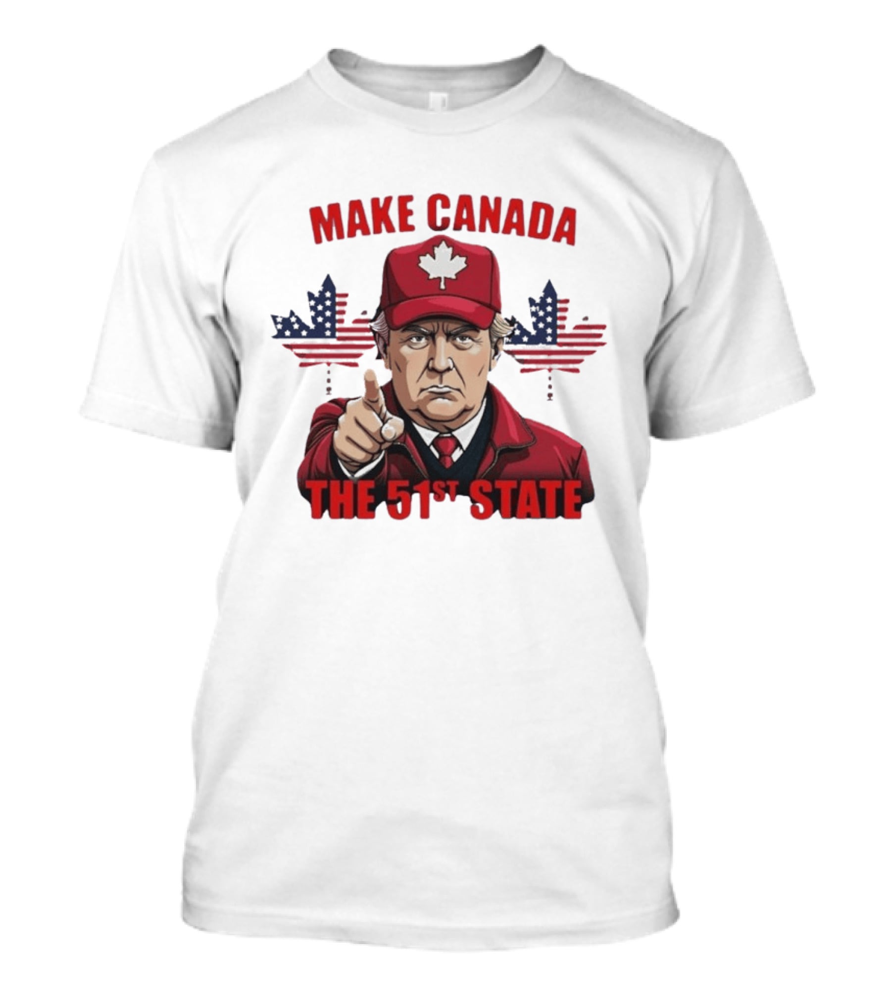 Make Canada The 51st State Trump Red Cap Maple Leaf Stars Stripes T-Shirt