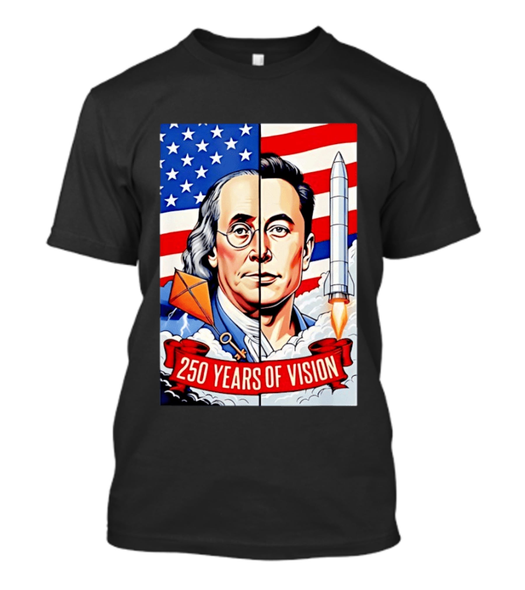 Benjamin Franklin Elon Musk Face American Flag Rocket Kite Key 250 Years Of Vision T-Shirt