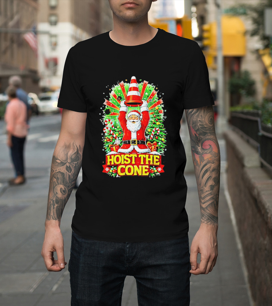 Santa Hoist The Cone Christmas Lights Tree Candy Canes T-Shirt