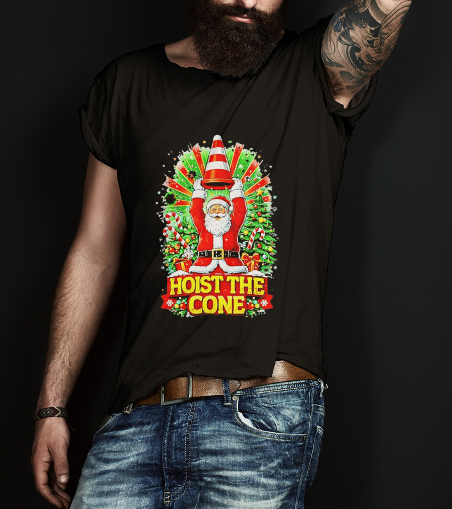Santa Hoist The Cone Christmas Lights Tree Candy Canes T-Shirt