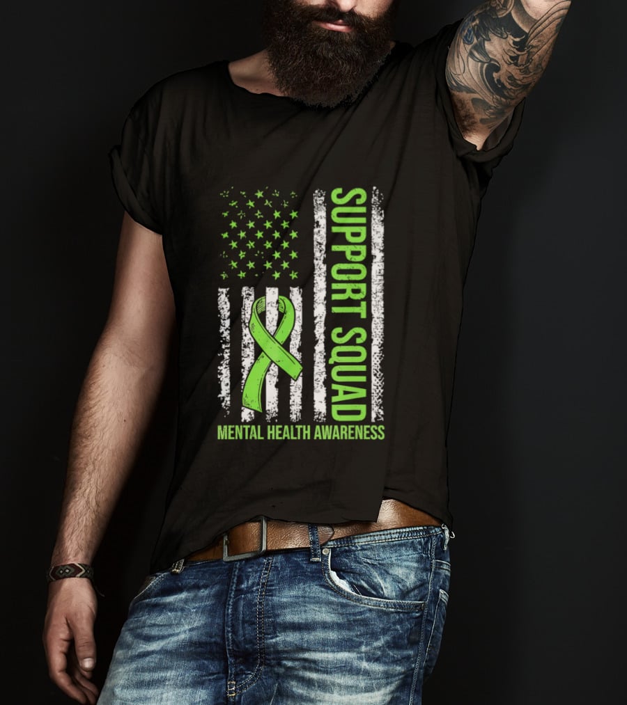 Support Squad US Flag Green Ribbon Mental Health Awareness T-Shirt