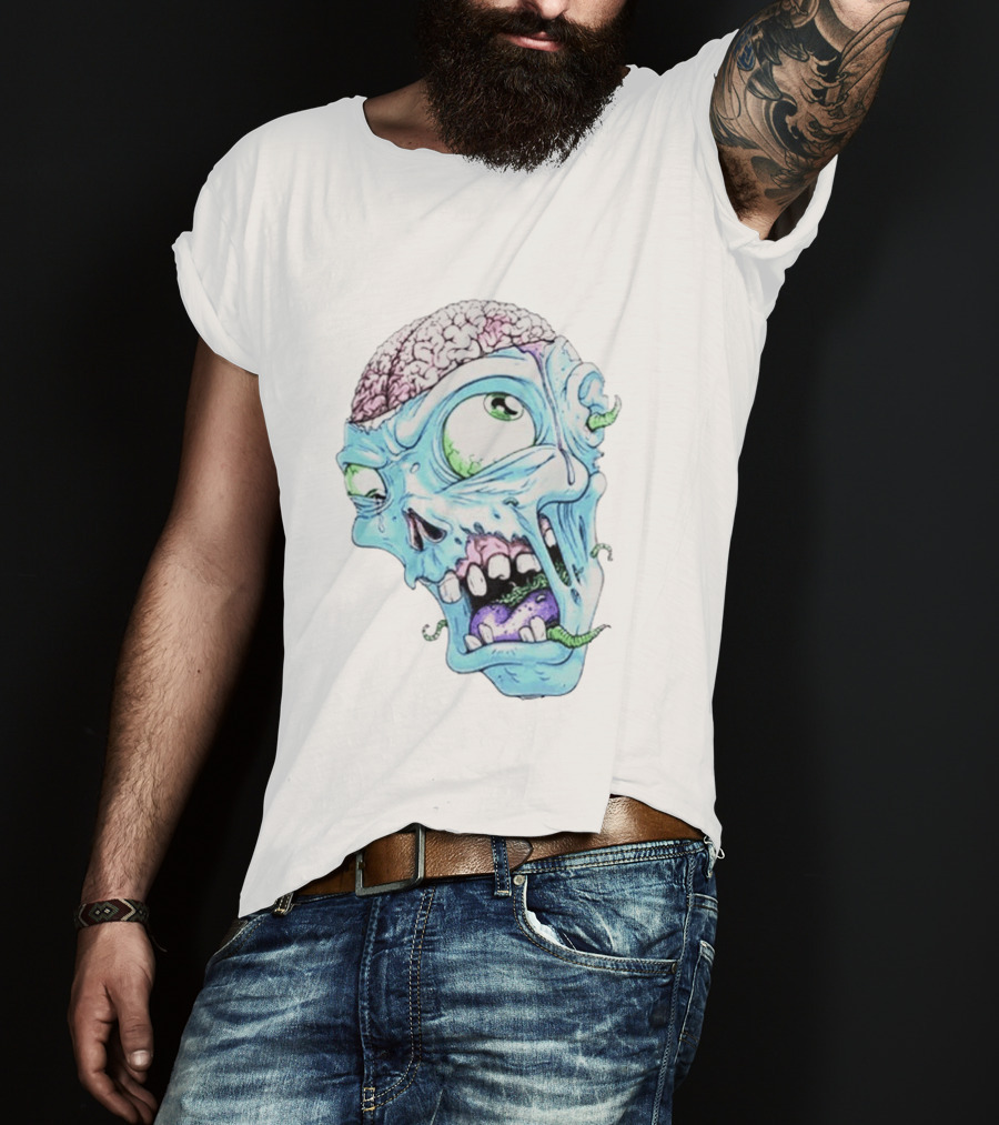 Annoyed Monster Head Zombie Skull Illustration With Exposed Brain And Worms T-Shirt