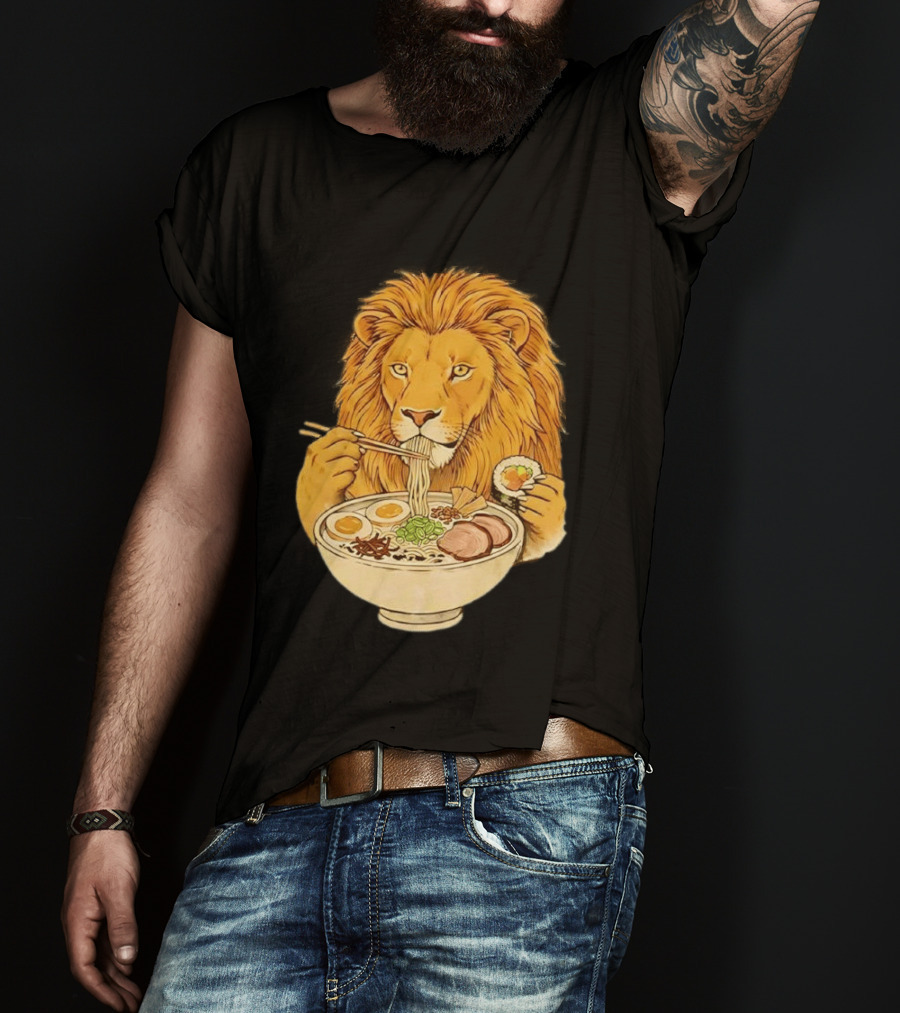 King Lion Eating Ramen Noodles With Sushi Meme T-Shirt
