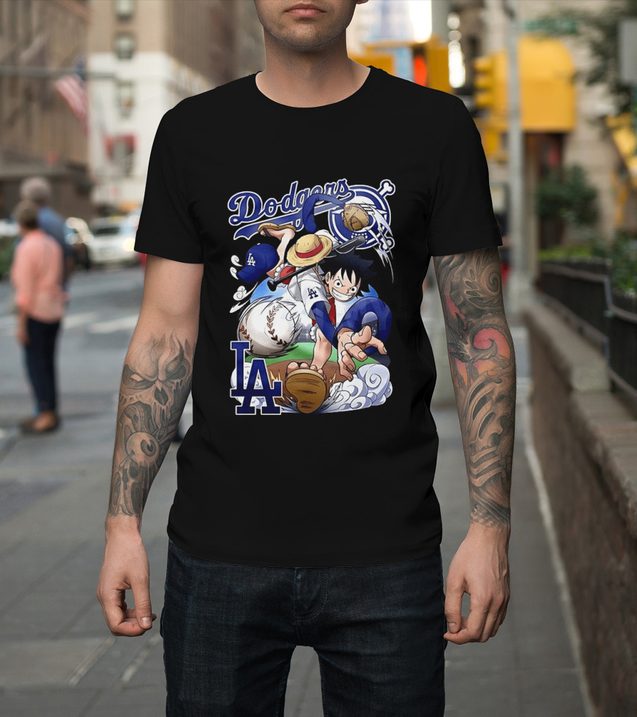 Luffy Los Angeles Dodgers One Piece Anime Crossover MLB Collaboration T-Shirt
