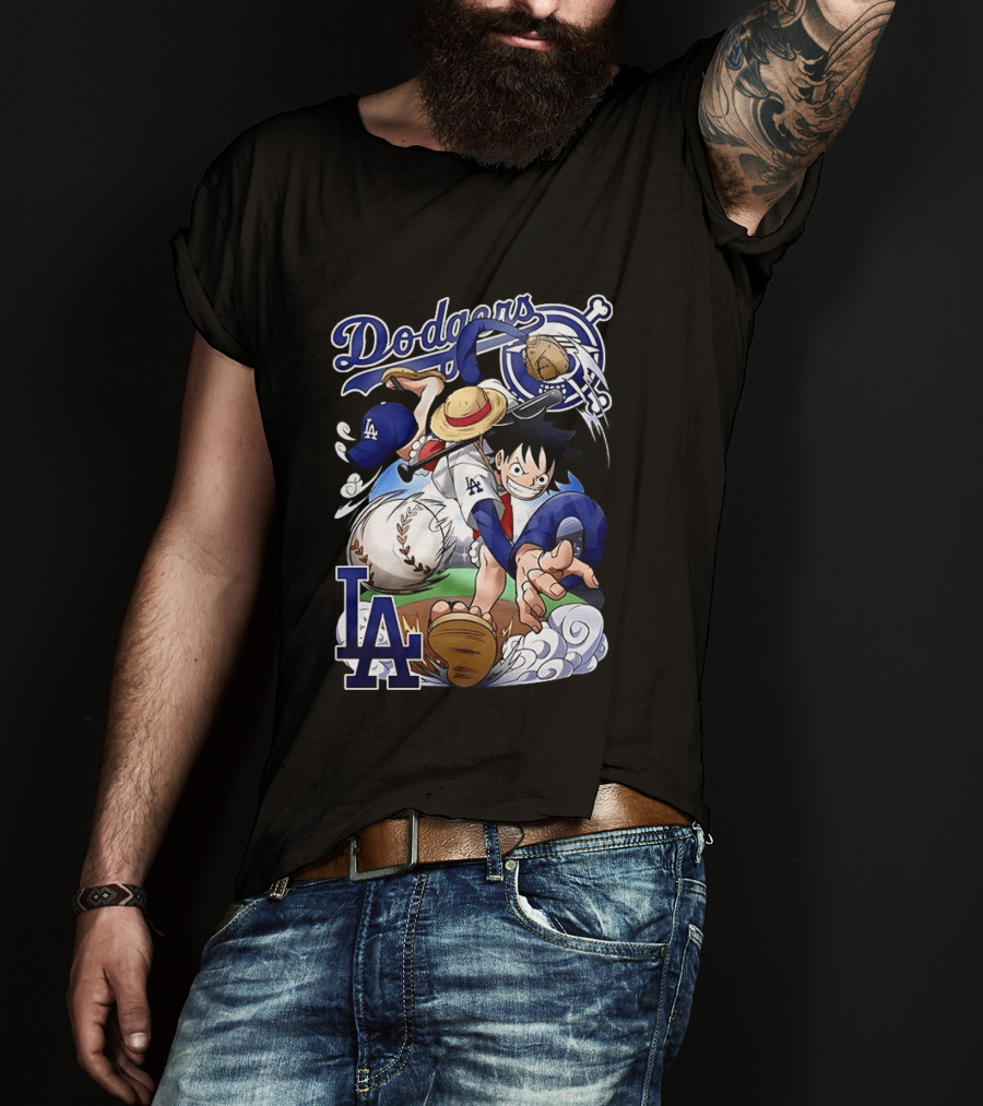 Luffy Los Angeles Dodgers One Piece Anime Crossover MLB Collaboration T-Shirt