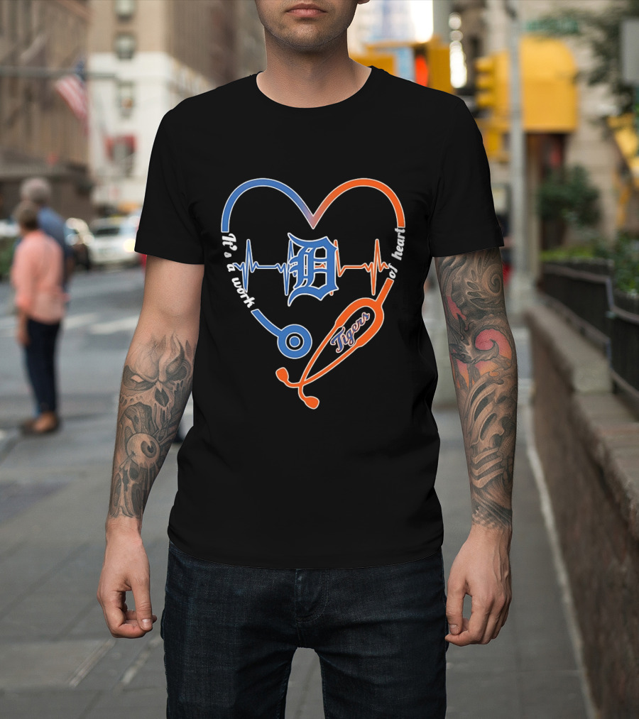 Detroit Tigers Heartbeat Stethoscope Work Of Heart T-Shirt