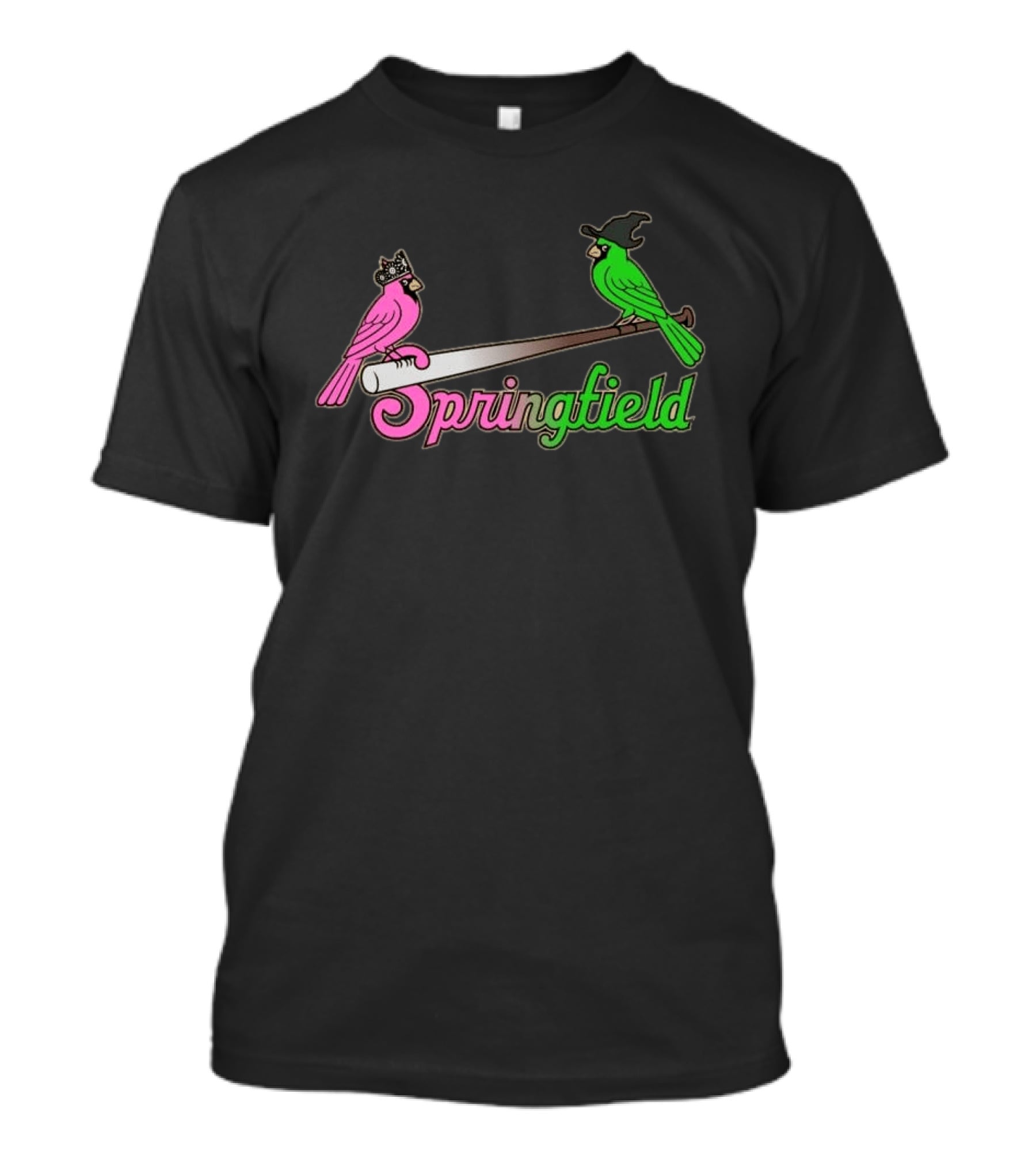 Springfield Cardinals Pink And Green Birds With Crown And Witch Hat Baseball Bat T-Shirt