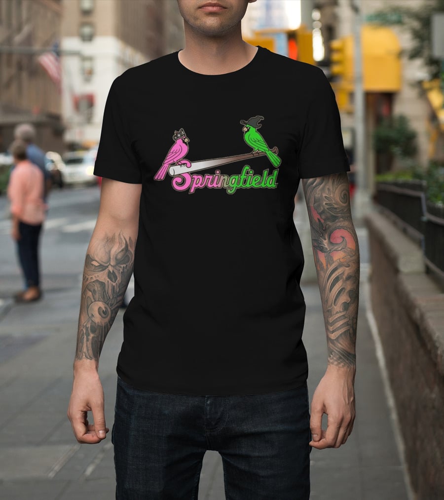 Springfield Cardinals Pink And Green Birds With Crown And Witch Hat Baseball Bat T-Shirt