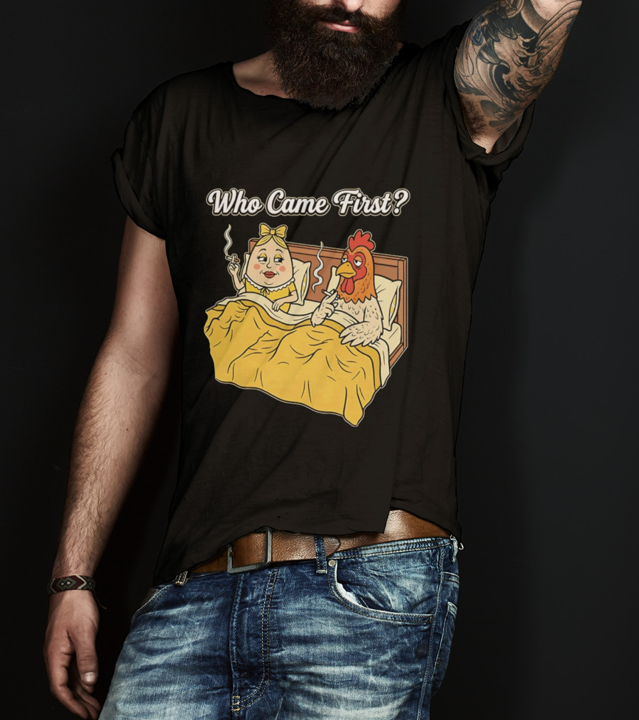 Who Came First Funny Chicken And Egg Bed Scene T-Shirt