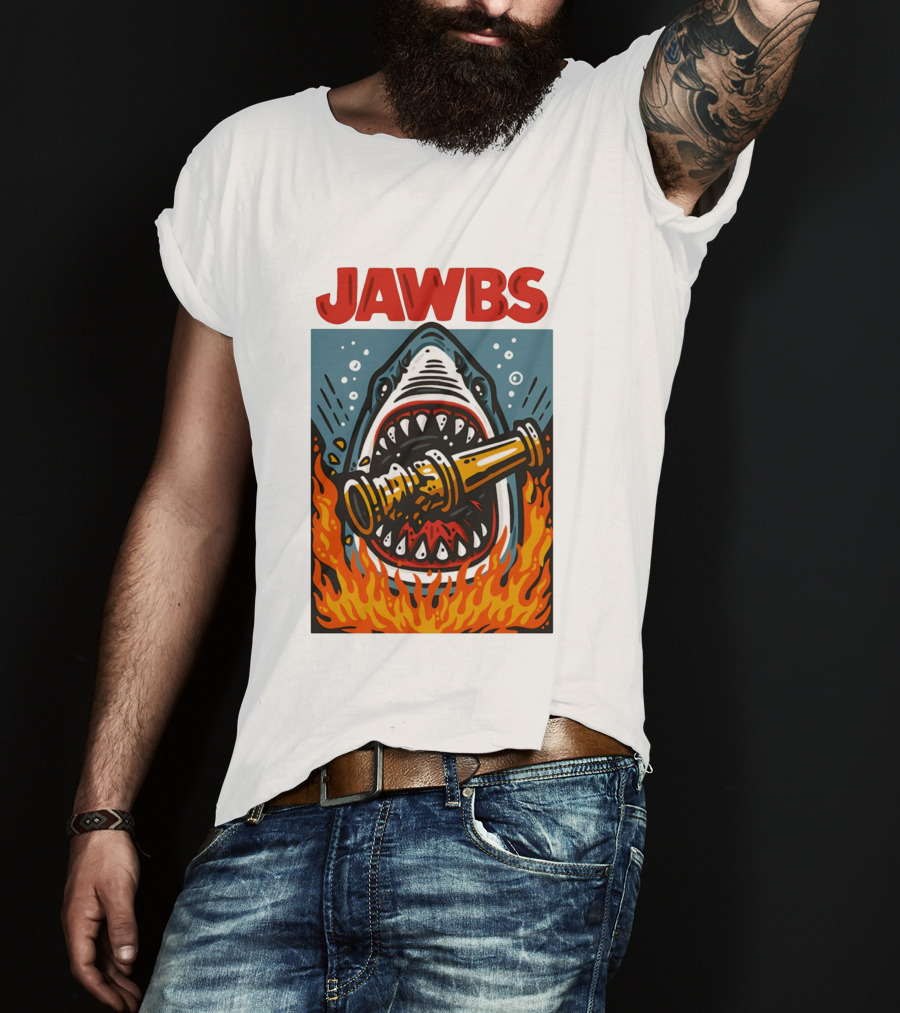 JAWS Jawbs Shark Biting Fire Hose Surrounded By Flames T-Shirt