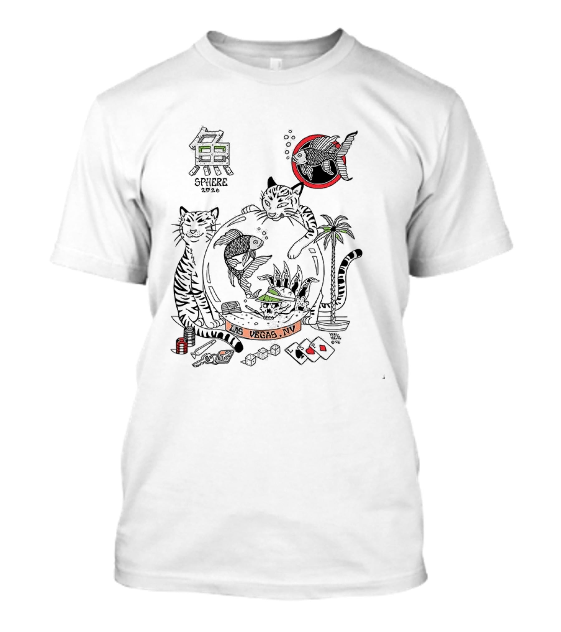 Sphere 2026 Vegas Cats And Aquatic Scene With Fish, Palm Trees, And Dice T-Shirt