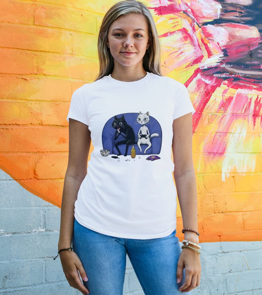 Two Cats One Couch Endless Fun Playing Games With Snacks And Popcorn T-Shirt