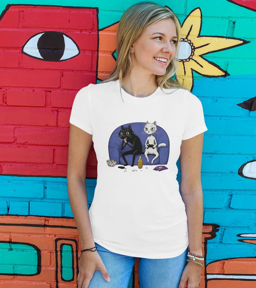 Two Cats One Couch Endless Fun Playing Games With Snacks And Popcorn T-Shirt