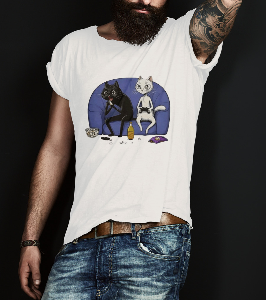 Two Cats One Couch Endless Fun Playing Games With Snacks And Popcorn T-Shirt