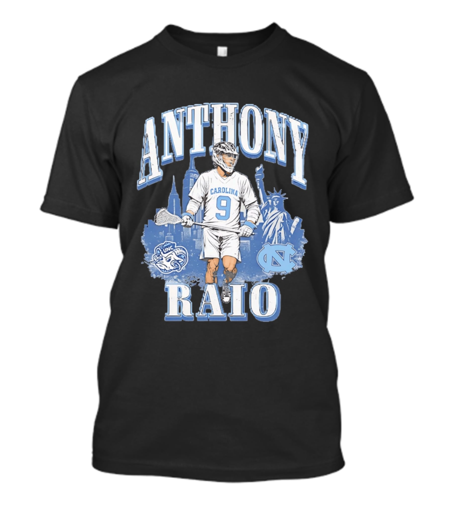 Anthony Raio Carolina 9 Lacrosse UNC Skyline Statue NYC T-Shirt