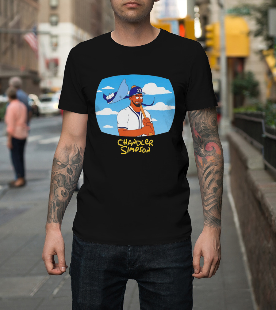 Chandler Simpson Tampa Bay Cartoon Baseball Player With Ray And Clouds T-Shirt