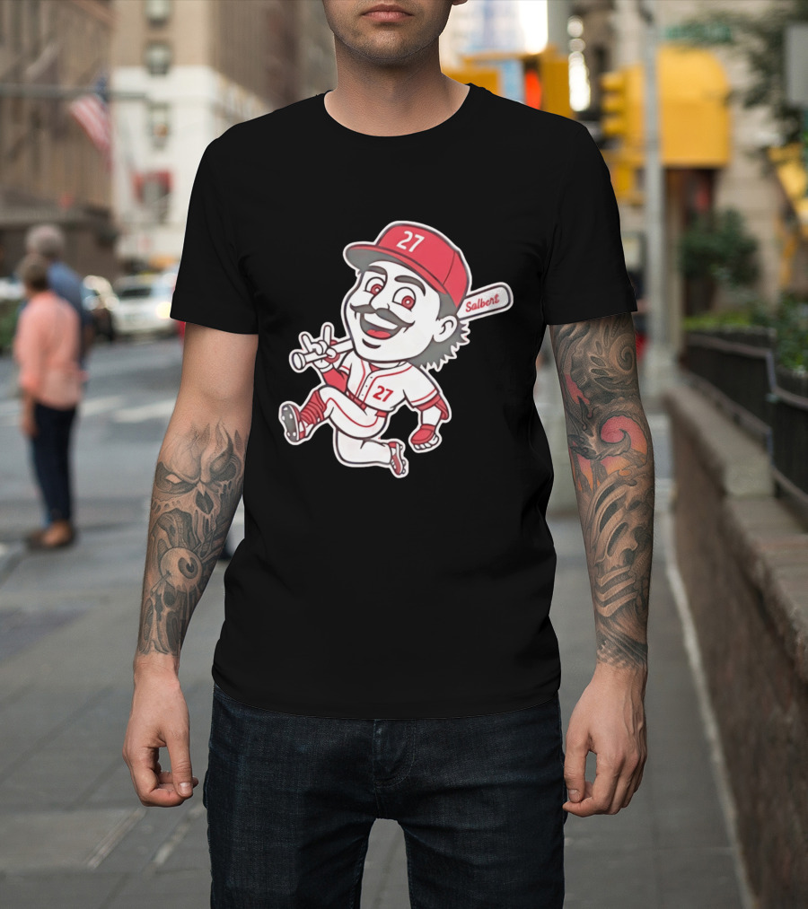 Cincinnati Reds Sal Stewart Number 27 Cartoon Player With Salbert Bat T-Shirt