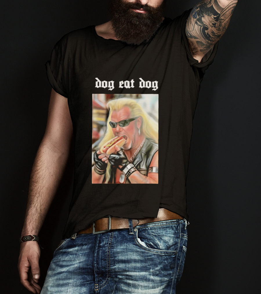 Dog Eat Dog Man Eating Hot Dog Sunglasses Blonde Long Hair T-Shirt