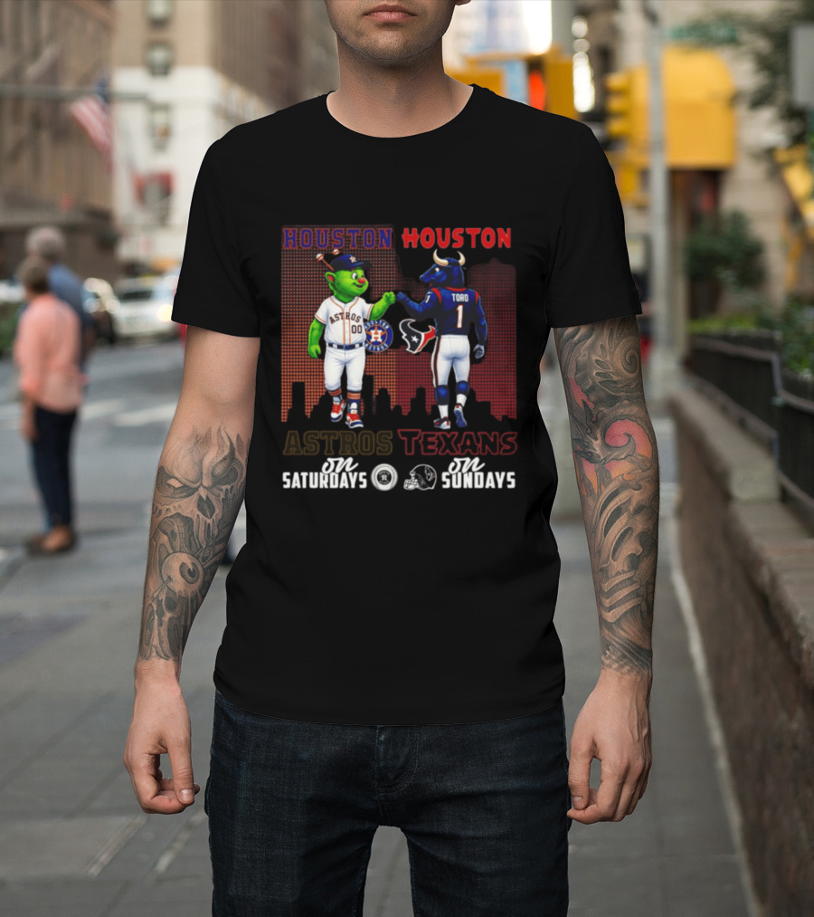 Houston Astros Orbit And Houston Texans Toro Skyline Saturdays Vs Sundays T-Shirt