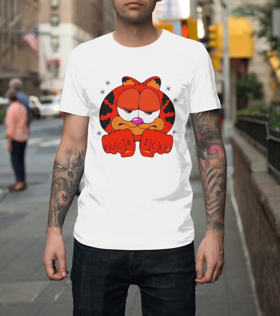 Orange Cat Garfield Meme Fuck Ice Hand Tattoos T-Shirt