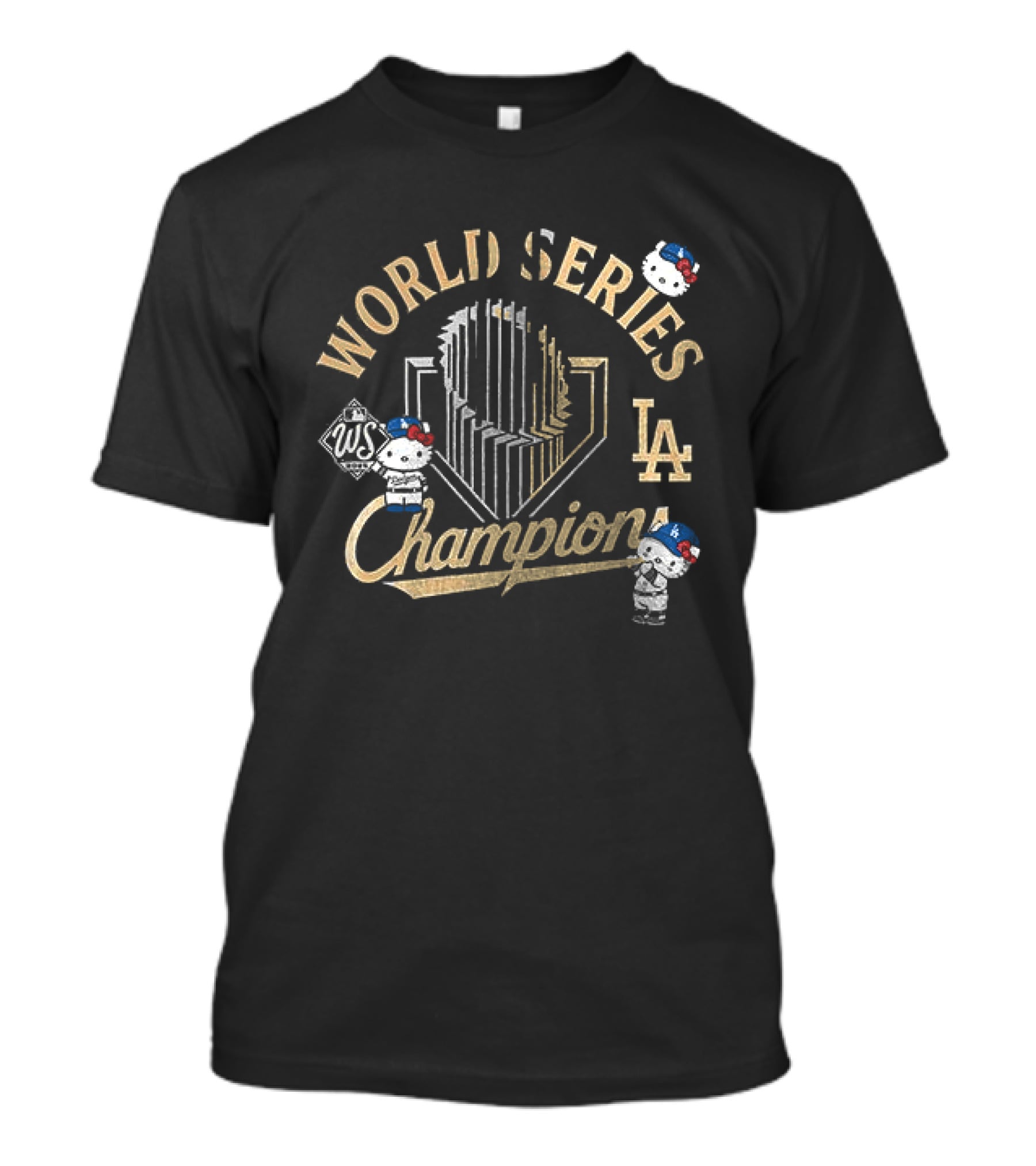 Los Angeles Dodgers World Series Champions Yoshinobu Yamamoto X Hello Kitty Golden Trophy T-Shirt