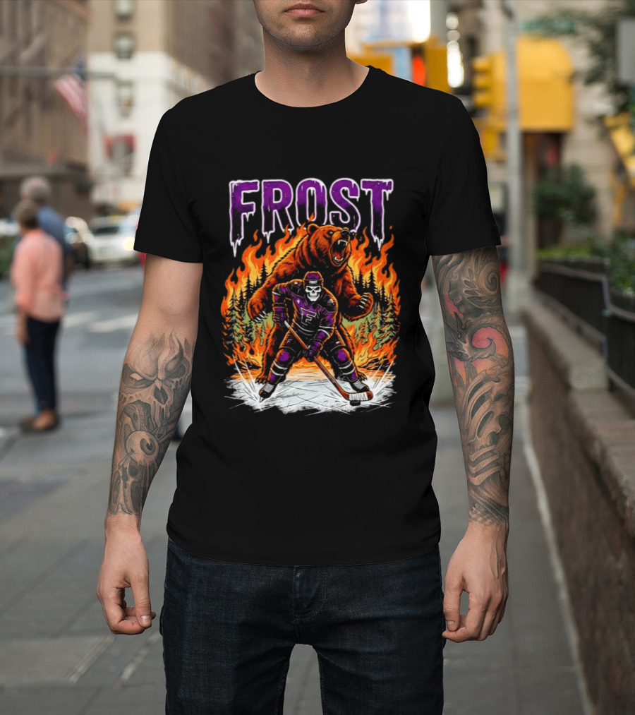 Frost Minnesota Hockey Skull Bear Flames Ice Rink T-Shirt