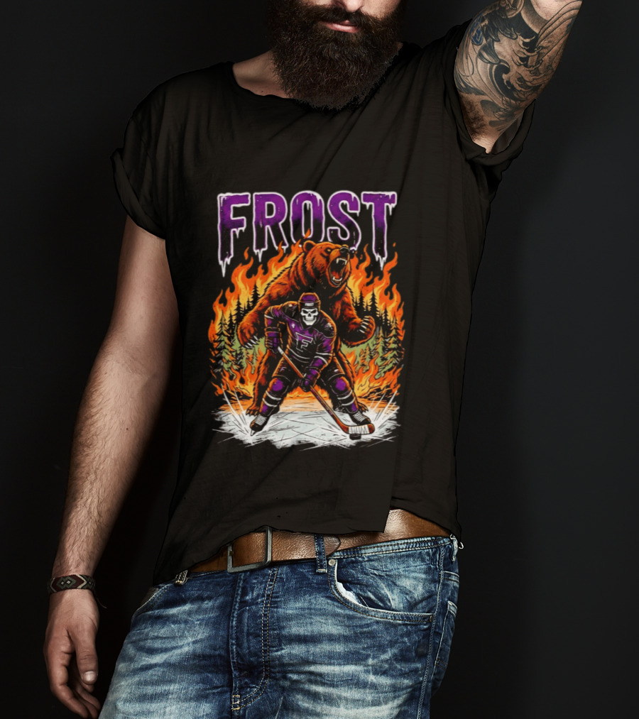 Frost Minnesota Hockey Skull Bear Flames Ice Rink T-Shirt