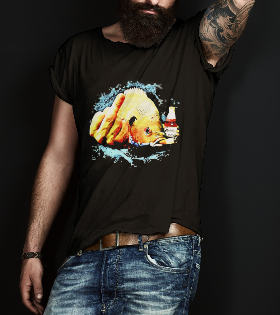 Modelo Beer Fish Smoking Cigarette Middle Finger T-Shirt