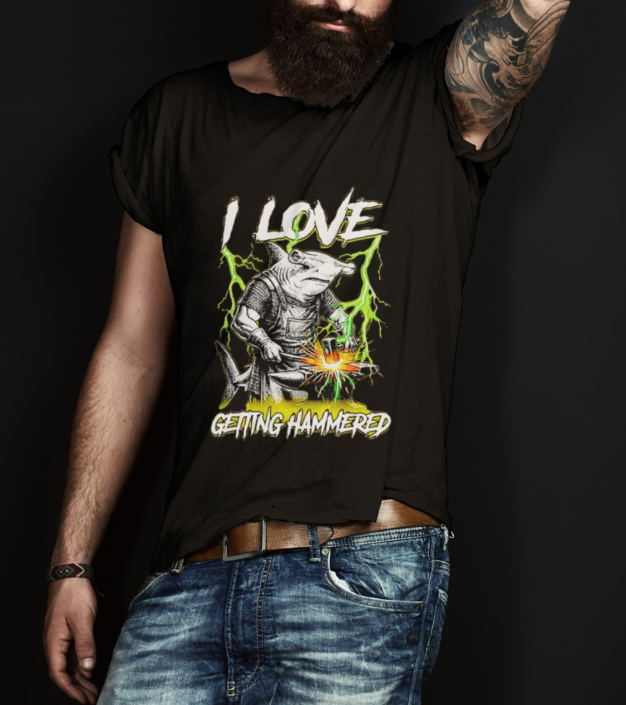 I Love Getting Hammered Hammerhead Shark Lightning Blacksmith Hammering T-Shirt