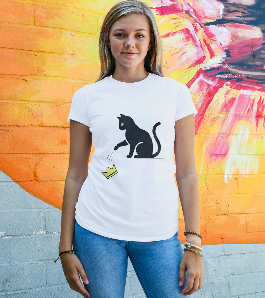 Cat Knocking Crown Anti King Humor Black Cat Yellow Eyes T-Shirt