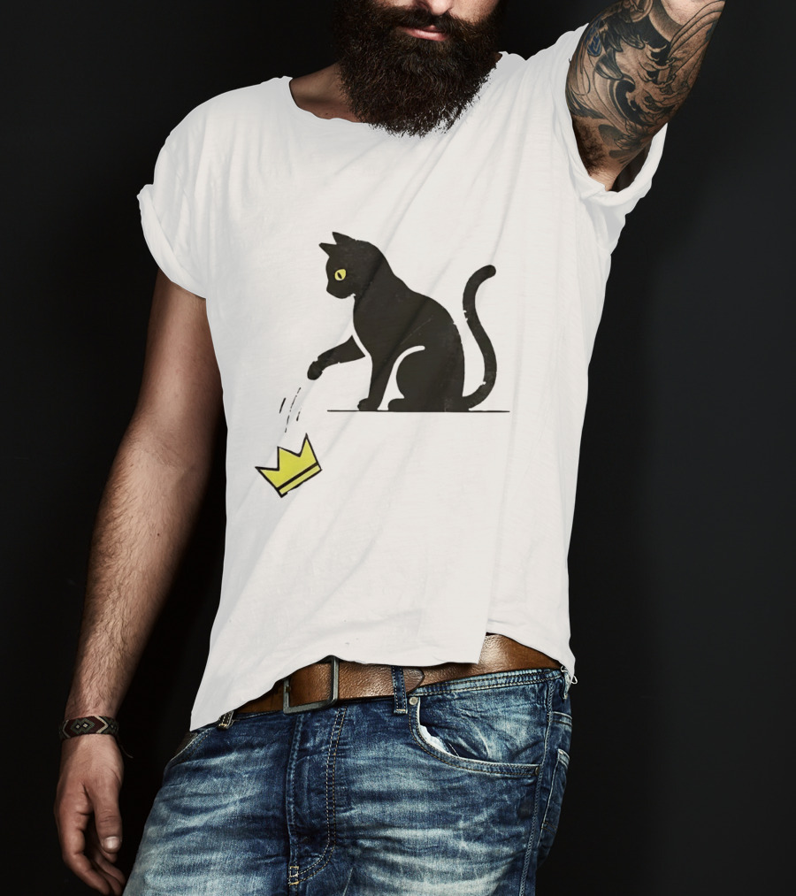 Cat Knocking Crown Anti King Humor Black Cat Yellow Eyes T-Shirt