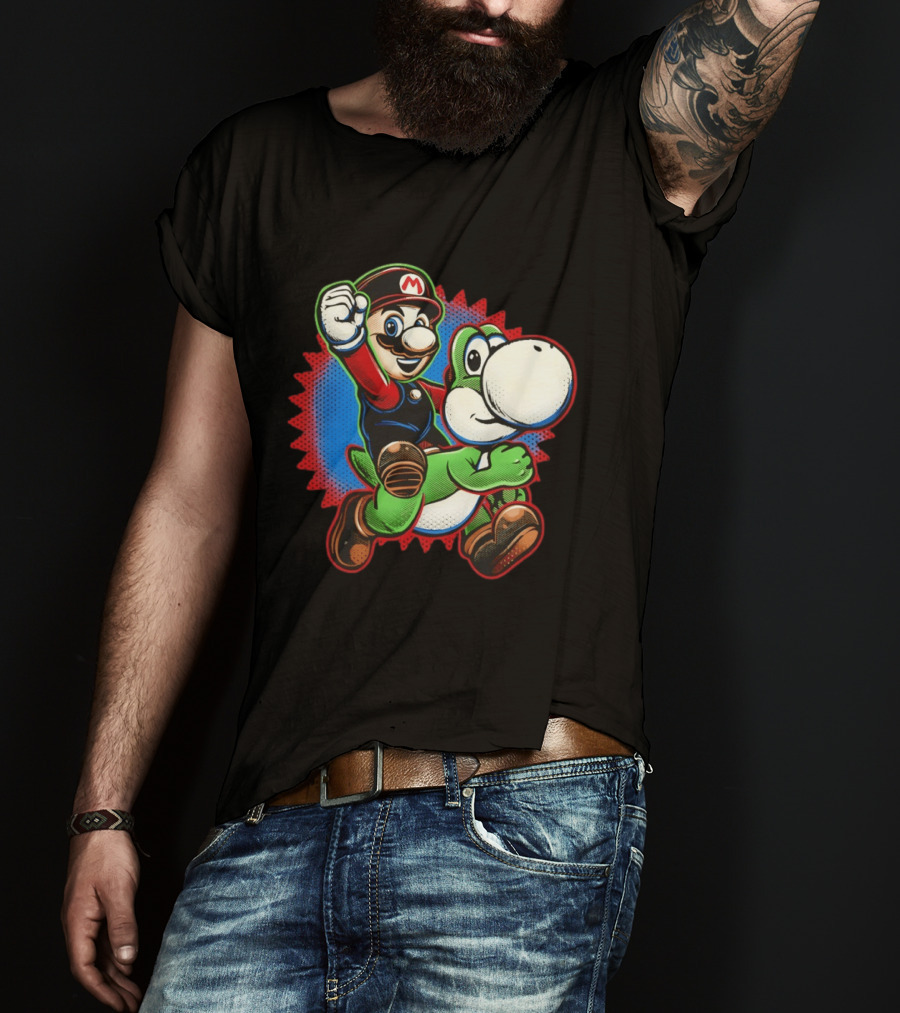 Mario And Yoshi Ride The Green Dino Classic Cartoon Adventure T-Shirt