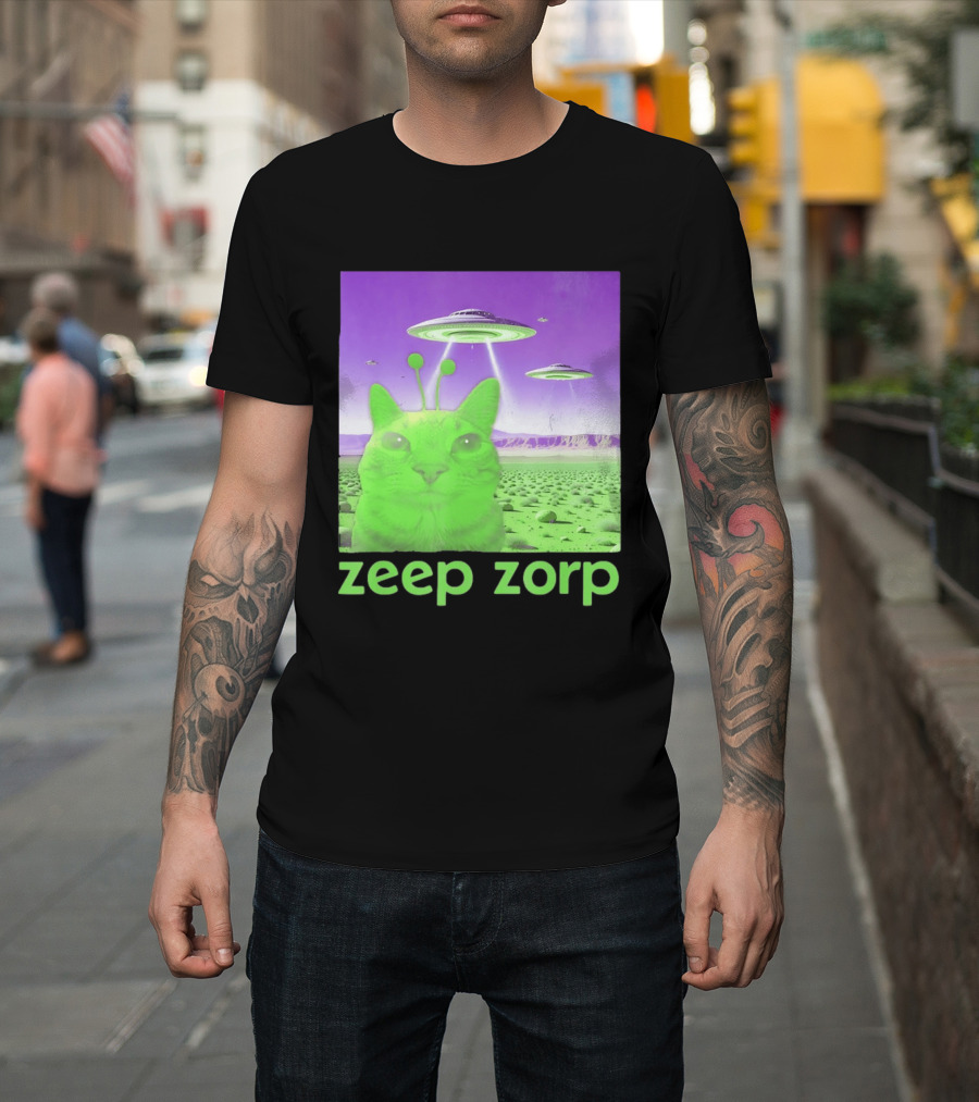 Zeep Zorp Green Cat Alien With UFOs In Space Desert Scenery T-Shirt