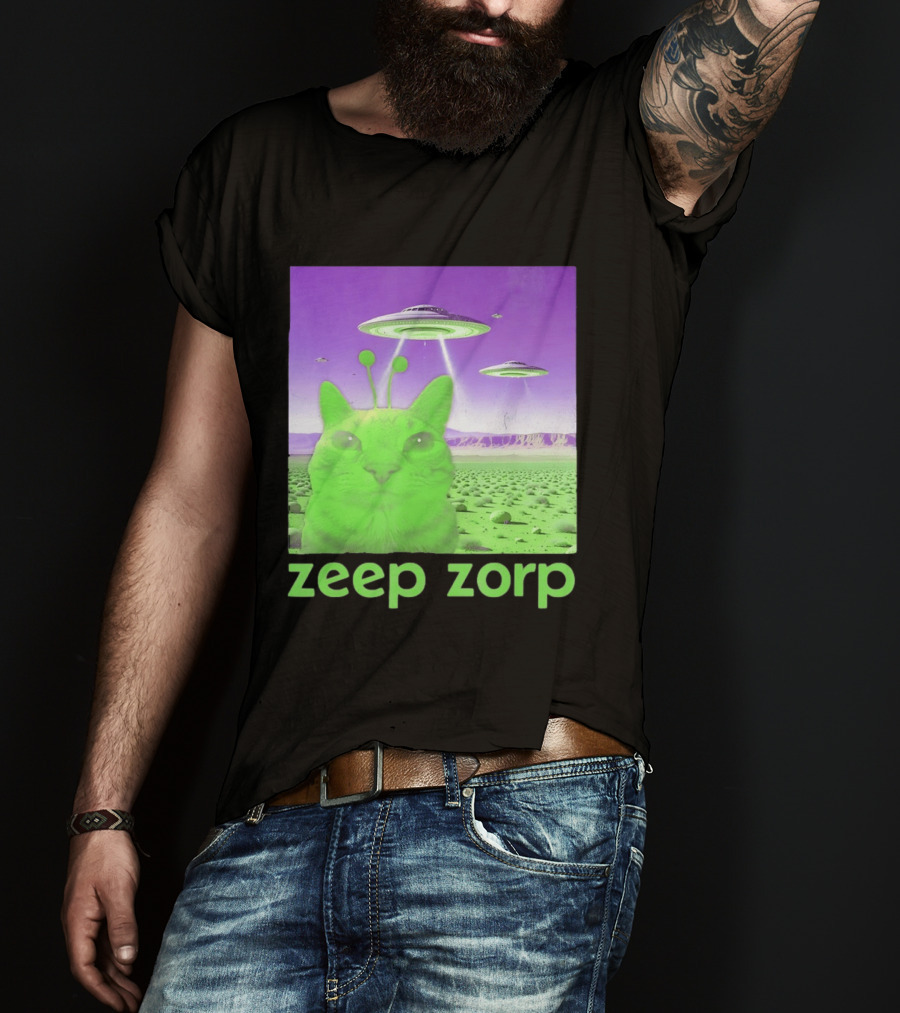 Zeep Zorp Green Cat Alien With UFOs In Space Desert Scenery T-Shirt