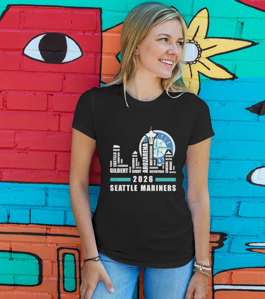 2026 Seattle Mariners City Connect Skyline With Player Names And Space Needle T-Shirt