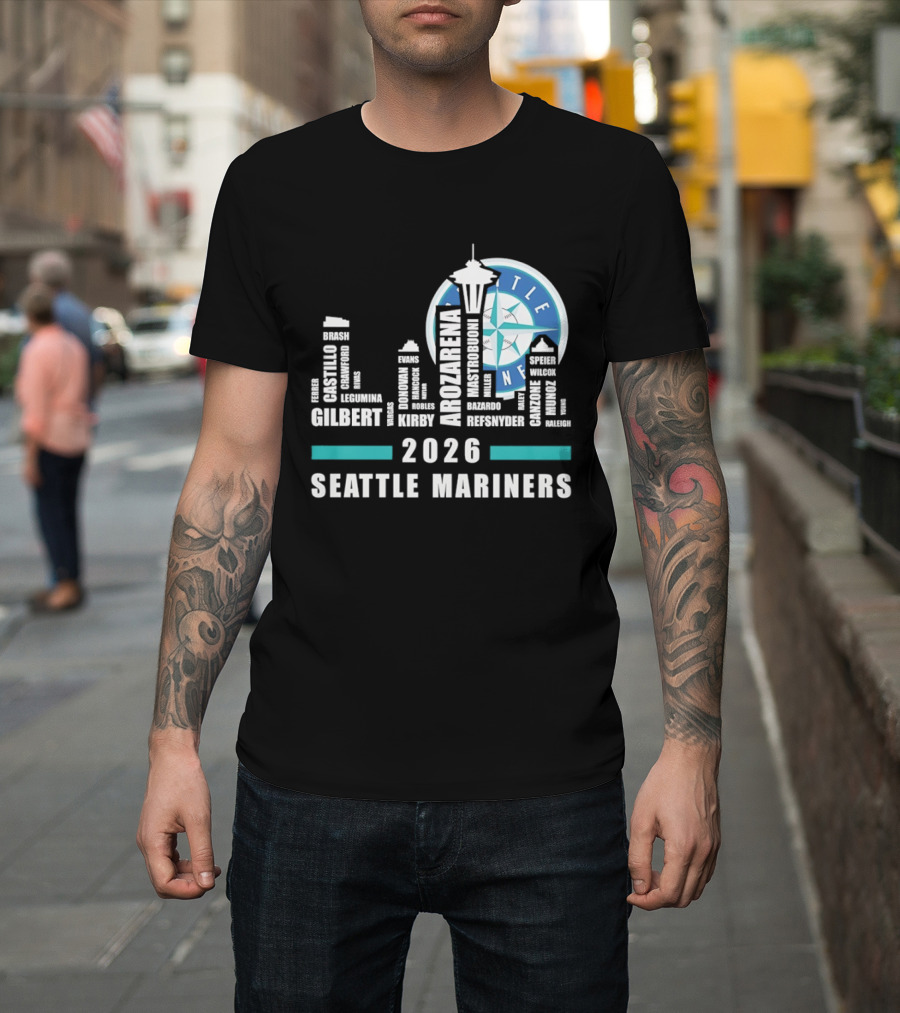 2026 Seattle Mariners City Connect Skyline With Player Names And Space Needle T-Shirt