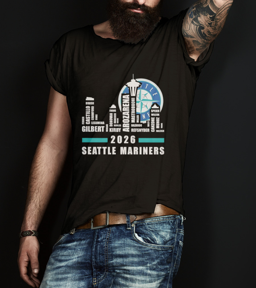 2026 Seattle Mariners City Connect Skyline With Player Names And Space Needle T-Shirt